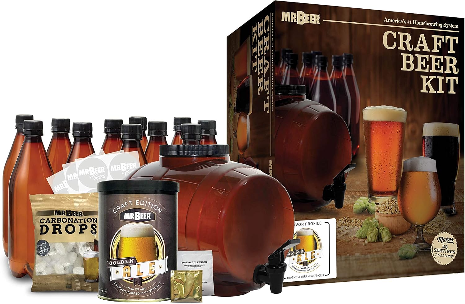 Mr. Beer - Craft Beer Making Kit (2 Gallon) Complete DIY Home Brew Set | Beer Making Kit for Beginners Everything Included | Reusable 25 oz Bottles | 2 Gallon Keg | Golden Ale