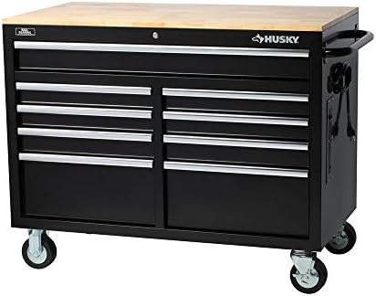 HuskyTools Workbench, Extra Deep 46 in. 9-Drawer Mobile, Wood, Black, 200 lb Load Capacity